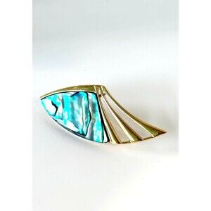 Vintage Ariki Paua Abalone Shell Brooch New Zealand gold plated abstract pin